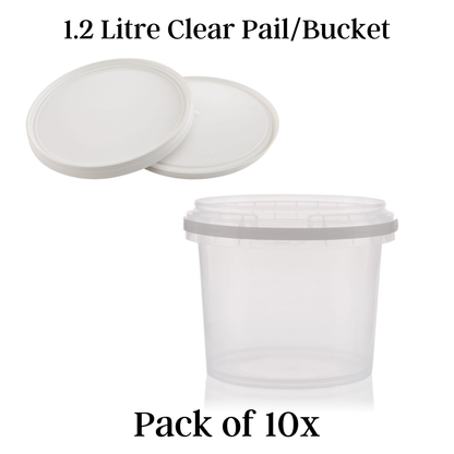 1.2Ltr Clear Round Pail Bucket with White Lid and Handle PACK OF 10