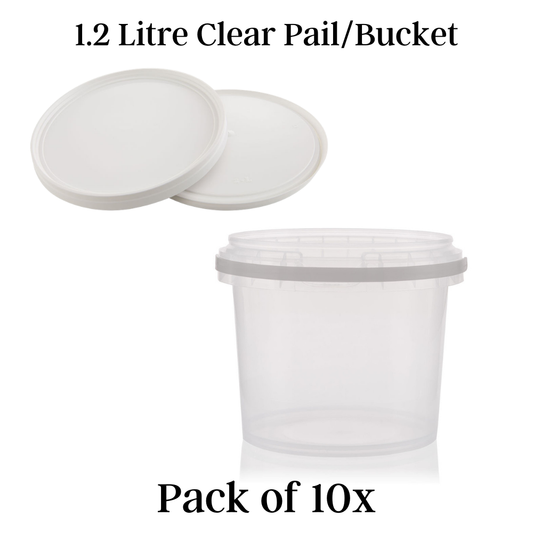 1.2Ltr Clear Round Pail Bucket with White Lid and Handle PACK OF 10