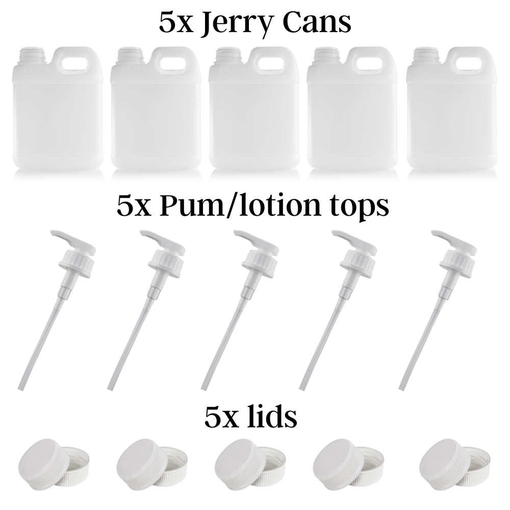 1L Natural HDPE Jerry Can Bottle with Lid Pack of 10 WITH OR WITHOUT PUMP