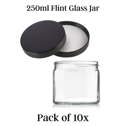 250ml Flint Glass Cream Jar Storage Container 83mm Screw Cap PACK OF 10